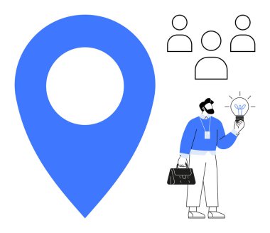 Büyük mavi yer bulucu iğnesi, parlayan bir ampul ve evrak çantası tutan iş adamı ve grup üyeleri takım çalışmasını, yeniliği, yeri ve fikirleri sembolize eden simgeler. Navigasyon ve işbirliği için ideal