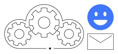 Bulut çizgisi, birbirine kenetlenmiş dişliler, mavi gülen yüz ve zarf. Teknoloji, takım çalışması, yenilik, otomasyon, iletişim, üretkenlik için ideal basit iniş sayfası