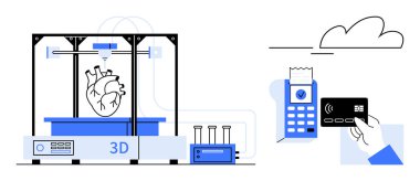 Gelişmiş yazıcıda insan kalbi ile temas halinde olmayan ödeme terminali arasında 3 boyutlu baskı yapılıyor. Teknoloji, yenilik, sağlık, araştırma, fintech, modern tasarım ve ilerleme için idealdir. Basit.