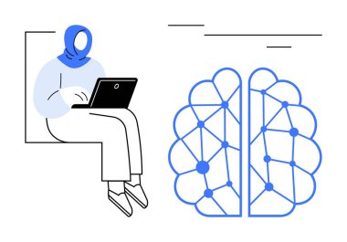 Dizüstü bilgisayar kullanan tesettürlü bir kadın, sinirsel ağ grafiğinin yanında oturuyor. Eğitim, yapay zeka araştırması, teknoloji, yenilik, makine eğitimi, dijital dönüşüm, basit düz metafor