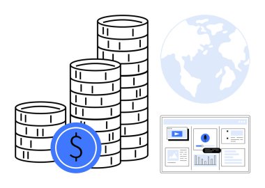 Madeni para yığınları, bir küre ve finansal büyüme, küresel ekonomi ve dijital finans dönüşümünü temsil eden bir veri analizi paneli. Ekonomi, yatırım, küresel ticaret için ideal, çevrimiçi
