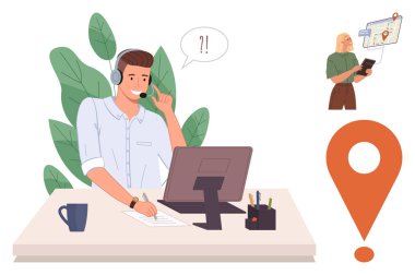 Bilgileri incelerken çağrı yoluyla masasında kulaklık takan bir destek ajanı. Yakınlarda bir insan konum haritasını analiz eder. İletişim, müşteri hizmetleri, takım çalışması, navigasyon için ideal