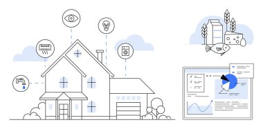 Güvenlik, enerji, su ve cihazlar için IOT simgeleriyle eve bağlandı. Gıda kaynakları ve detaylı veri analizleriyle sürdürülebilirlik ile tamamlanmış. Teknoloji ve sürdürülebilirlik için ideal