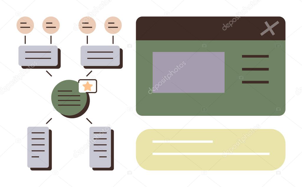 Vector of Data flowchart with connection nodes linked to a dashboard interface and toolbar. Ideal for organization, workflow, technology, software, analytics, information, simple flat metaphor Data flowchart with connection nodes linked to a dashboard interface and toolbar. Ideal for organization, workflow, technology, software, analytics, information, simple flat metaphor stock vector