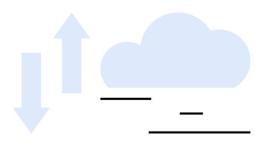 Mavi bulut ve çift yönlü oklar veri yüklemesini ve minimal siyah çizgilerle birlikte indirmeyi sembolize eder. Teknoloji, iletişim, veri alışverişi, bulut depolama, ağ oluşturma, SaaS, basit