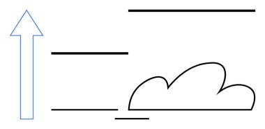 Mavi yukarı doğru ok, minimalist eğimli bulut ve hareket için yatay çizgiler. Büyüme, ilerleme, başarı, navigasyon, özgürlük, olumlu değişim, basit düz metafor gibi kavramlar için idealdir.