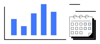 Veri eğilimlerini gösteren mavi çubuk çizelgesi, programlama ve planlama için bir takvimle eşleştirildi. Analiz, strateji, yönetim, verimlilik, organizasyon, zaman çizelgeleri, proje takibi için ideal. Basit.
