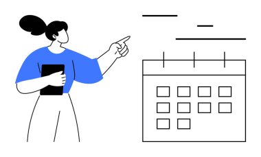 Elinde tablet tutan ve takvimi işaret eden kadın zaman yönetimi, organizasyon ve teslim tarihlerini vurguluyor. Üretkenlik, takvim, takım çalışması, koçluk, iş planları için ideal eğitim basit