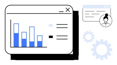 Veri gösterge paneli, kullanıcı profili penceresi ve dişli ayarları içindeki çubuk çizelgesi. Analiz, iş, geliştirme, takım yönetimi, iş akışı, internet araçları için ideal. Basit düz metafor