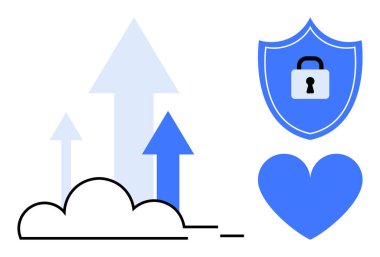 Buluttan yükselen mavi oklar, kilit simgeli kalkan ve kalp sembolü. Bulut güvenliği, büyüme, ilerleme, güven, veri koruması, iş güvenliği basit iniş sayfası için ideal
