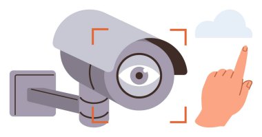 Gözü objektifte olan ve el gösterimi gözetleme, bulut depolama, gizlilik, izleme, yenilik, dijital güvenlik ve veri paylaşımını gösteren güvenlik kamerası. Basit bir düz metafor.