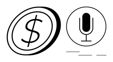 Dolarlık bozuk para sembolü ve çemberin içindeki mikrofon. Finans, ödeme, podcast, ses komutu, yayıncılık, iletişim, dijital uygulamalar ve basit bir iniş sayfası için ideal