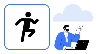 Mavi takım elbiseli bir adam dizüstü bilgisayarla çalışırken bir bulutu işaret ediyor. Koşan bir sopa figürüyle eşleştirilmiş. Büyüme, ilerleme, motivasyon, liderlik, strateji, eylem başarısı için idealdir. Basit bir daire.