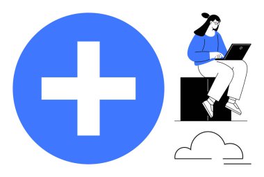 Siyah bir bloğun üstünde dizüstü bilgisayarda çalışan bir kadın koyu mavi artı işareti ve bulut çizgisi yanında. İşbirliği için ideal, çevrimiçi çalışma, üretkenlik, sağlık, teknoloji, iyimserlik, bağlantı. Temiz