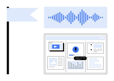 Ses dalgası grafikleri ve bayrak ile tamamlanmış analitik, multimedya ve uyarı arayüzü. Veri analizi, multimedya, kullanıcı arayüzü, uyarılar, teknoloji yönetimi için ideal