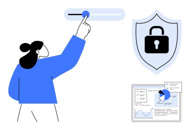 Kullanıcı anahtarı değiştiriyor, güvenlik kilidi olan kalkan ve veri analizi torpidosu. Siber koruma, gizlilik, güvenlik, veri yönetimi, kullanıcı denetimi, teknoloji sade iniş sayfası için ideal