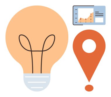 Ampul, ekran üzerinde çizgi grafiği ve fikirleri, analizleri ve kesin sonuçları gösteren konum iğnesi. Yaratıcılık, analiz, strateji çözümleri için idealdir. Ticari yenilikleri inceler. Basit.