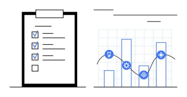 Tamamlanmış görevlerle birlikte verileri analiz eden pano kontrol listesi. Üretkenlik, değerlendirme, performans, planlama, hedefler, iş akışı, organizasyon için ideal. Modern basit düz metafor
