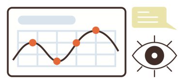 Kavis üzerinde turuncu noktalar, konuşma balonu, şekillendirilmiş göz sembolü olan grafikler. Analiz, performans takibi, içgörü üretimi, izleme, araştırma görselleştirme iletişimi için idealdir. Basit düz