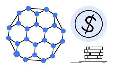 Geometrik engelleme ağı bir dolar işareti ve madeni para yığınının yanındaki düğümlerle birbirine bağlı. Finans, kripto para birimi, yatırım stratejisi, veri güvenliği, ekonomi, ademi merkeziyet, basit daire