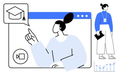 Sanal platformda, video görüşmesinde ve akademik başlık ikonunda etkileşim halinde olan bir kadın. Eğitim, e-öğrenme, sanal toplantılar, eğitim, bilgi paylaşımı kariyer büyümesi için idealdir. Basit düz metafor