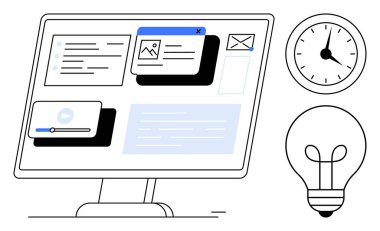 Ortam, metin ve e- posta pencerelerini gösteren masaüstü ekranı. Ampul ve duvar saatini de içeriyor. Üretkenlik, zaman yönetimi, yaratıcı fikirler, dijital araçlar, görev planlama yeniliği için idealdir