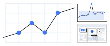 Yukarı doğru eğilimli çizgi grafiği, mavi işaretler, ve ek grafikler ve gösterge panelleri. Veri analizi, raporlama, iş büyümesi, performans takibi, finansal tahminler, pazar içgörüleri için ideal