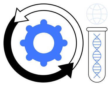 Dairesel okları olan dişliler, test tüpünde genetik DNA ipliği, ağ olarak dünya. Yenilik, bilim, küresel teknoloji, biyoteknoloji, araştırma süreci optimizasyonu sürdürülebilir çözümler için idealdir. Basit.