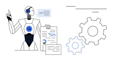 Belgeler, çizelgeler ve konuşma baloncuklarıyla hareket eden robot, yapay zekanın yol açtığı süreçleri sembolize ediyor. Teknoloji, yenilik, otomasyon, makine öğrenme, veri analizi için ideal gelecek