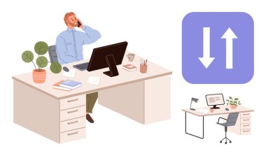 Masada çalışan kişi monitör, bitki ve dosyaların yanında telefon görüşmesi yapıyor. İletişim, verimlilik, uzaktan çalışma, ofis yönetimi, çoklu görev organizasyonu takım çalışması için ideal. Basit düz metafor