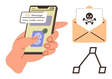 Güvenlik kodu, parmak izi taraması, kafatası işaretli postalar ve ağ ağacı yapısı olan bir el. Güvenlik, dolandırıcılık önleme, hackleme, sahtecilik, kimlik doğrulama için ideal