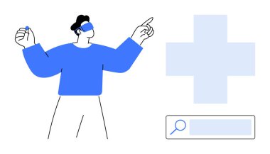 VR kulaklık kullanan bir adam, yanında arama alanı olan artı simgeye bakıyor. Yenilik, sağlık, sanal yardım, dijital arama, gelecekteki çözümler, eğitim, basit iniş sayfası için ideal