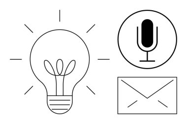 Ampul, mikrofon ve zarf hattı simgeleri yaratıcılığı, iletişimi ve mesajlaşmayı simgeliyor. Yenilik, takım çalışması, medya, strateji esin kaynağı basit iniş sayfası pazarlaması için idealdir
