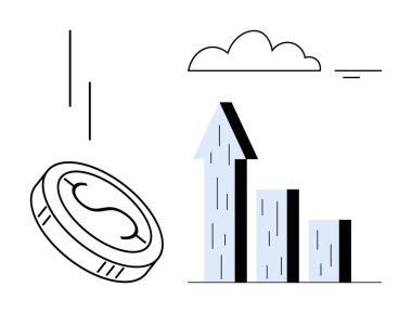 Dolar işareti olan bozuk para, büyüme grafikleri olan yukarı doğru ok ve bulut. Finans, yatırım, işletme büyümesi, başarı, ekonomi, kâr ve basit iniş sayfası için ideal
