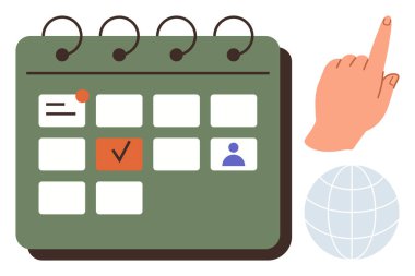İşaretli tarihi, kontrol listesi, kullanıcı simgesi, dünya ve işaret eden eli olan yeşil takvim. Zaman yönetimi, organizasyon, planlama, küresel takım çalışması için idealdir. Basit düz metaforu hatırlatır