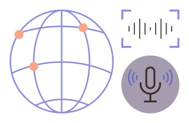 Ses tanıma, teknoloji, küreselleşme, uzaktan çalışma, veri paylaşımı, işbirliği ve bilgi alışverişini temsil eden bağlantı noktaları, ses dalgası ve mikrofon ikonuna sahip dünya. Basit.