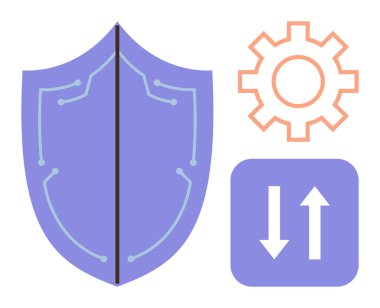 Devreli kalkanlar, ayarlar ve veri akışı yönetimi, güvenlik ve teknoloji süreçlerini gösteren yukarı-aşağı oklar. Siber güvenlik, koruma, bilişim ve internet verimliliği için ideal