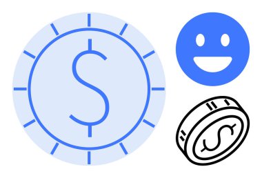 Dolar işaretli büyük para, gülen surat ve bozuk para hatları. Finans, yatırım, tasarruf, başarı, pozitiflik, dijital para birimi sade iniş sayfası için ideal