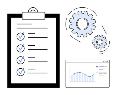 İşaretli görevleri, dönen dişlileri ve analitik gösterge paneli olan kontrol listesi panosu. Planlama, organizasyon, verimlilik, iş akışı, veri analiz süreçleri için ideal. Basit düz metafor