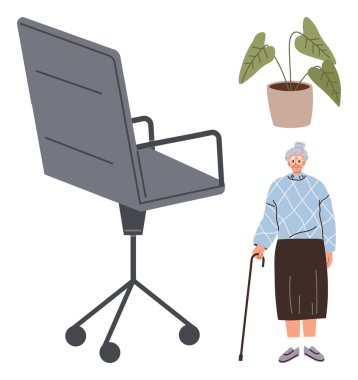 Bastonlu yaşlı kadın, ofis sandalyesi, saksı bitkisi. Yaşlanma, destek, bağımsızlık, bakım, çalışma ortamı adaptasyon yaşam tarzı için idealdir. Düz ve basit metafor