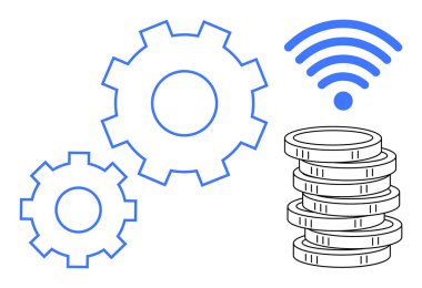 Hareket halindeki iki vites, kablosuz sinyal ve bozuk para yığını teknolojik yenilik, bağlantı ve finansal gelişimi temsil ediyor. Otomasyon, endüstri, finans, IoT ağ verileri için ideal