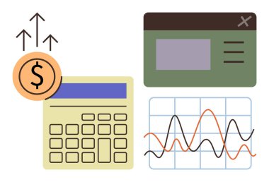 Hesap makinesi, yukarı ok, dolar işareti, gösterge paneli ve grafik. Finans, yatırım analizi, bütçe, iş stratejisi, ekonomik büyüme verisi görselleştirme için ideal basit düz metafor