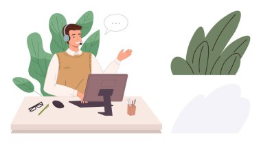 Masadaki profesyonel kulaklıkla konuşuyor, kendine güvenerek el kol hareketi yapıyor. Müşteri hizmetleri, uzaktan çalışma, iletişim, destek ekibi, online danışmanlık, sanal etkileşim, basit düz metafor