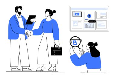 Takım planları tokalaşarak tartışıyor, çizelgeleri ekranda analiz ediyor, büyüteçle profili inceliyor. Takım çalışması için ideal, iş anlaşmaları, işe alım, araştırma, sunumlar, strateji basit düz