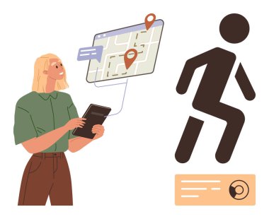 Elinde tablet bulunan dijital haritalı bir kadın rotayı ve iğneleri, yürüyen silueti ve arayüz tasarımını gösteriyor. Navigasyon, seyahat planlaması, teknoloji, keşif, fitness, hareketlilik için ideal dijital