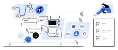 Yapay zeka robotu görev akışı, kullanıcı duyguları, iletişim araçları ve dizüstü bilgisayardaki profilleri sunar. Teknoloji, yapay zeka, otomasyon, müşteri hizmetleri, dijital araçlar için ideal kullanıcı basit iniş sayfası deneyimi