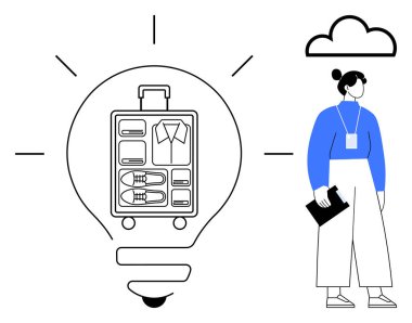 İçinde organize bavul olan bir ampul, bir kadın panoyu bulutların altında tutuyor. Seyahat, yenilik, planlama, organizasyon, yaratıcılık, üretkenlik ve modern yaşam tarzı için idealdir. Basit düz