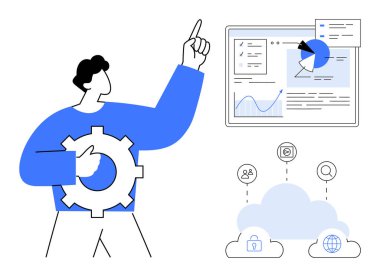Vitesli bir adam stratejiyi temsil ediyor, bulut çözümlerini ve performans ölçümlerini torpido gözünde analiz ediyor. Bulut hesaplama, veri analizi, teknoloji yeniliği, sistem optimizasyonu, iş için ideal