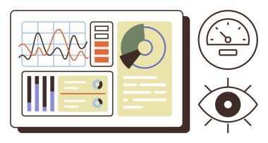Grafikleri, göstergeleri, pasta grafiği ve göz simgesi olan analitik gösterge paneli. Analiz, veri takibi, performans ölçümü, karar verme, iş stratejisi teknolojisi için ideal basit düz metafor