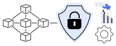 Birbirine bağlı engelleme ağı, kilitli kalkan, analitik grafik, arama büyüteç ve teçhizat. Siber güvenlik, engelleme zinciri, veri analizi, güvenli işlem şifreleme teknolojisi için ideal